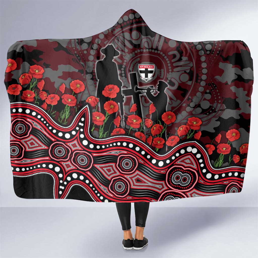 St Kilda Saints ANZAC Day Hooded Blanket Indigenous Dot Art with Poppy Flower Tribute