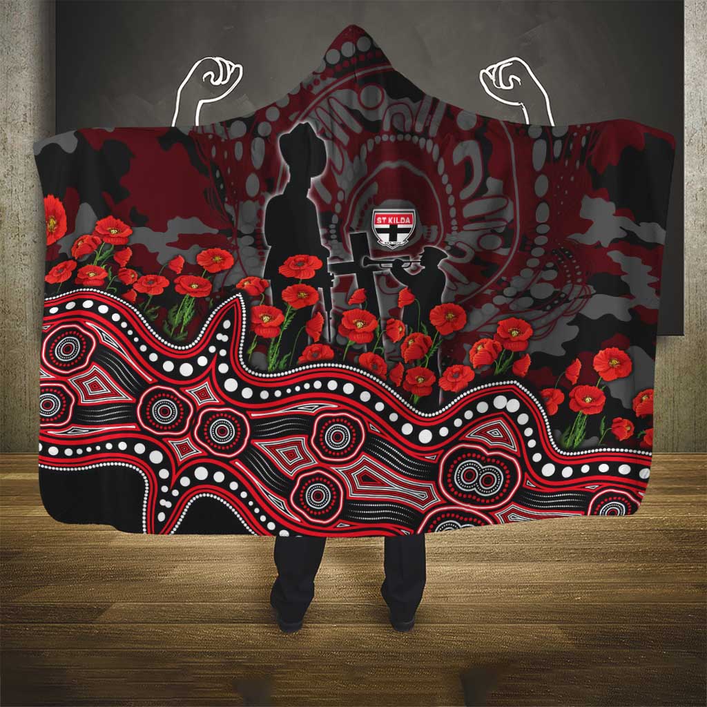 St Kilda Saints ANZAC Day Hooded Blanket Indigenous Dot Art with Poppy Flower Tribute