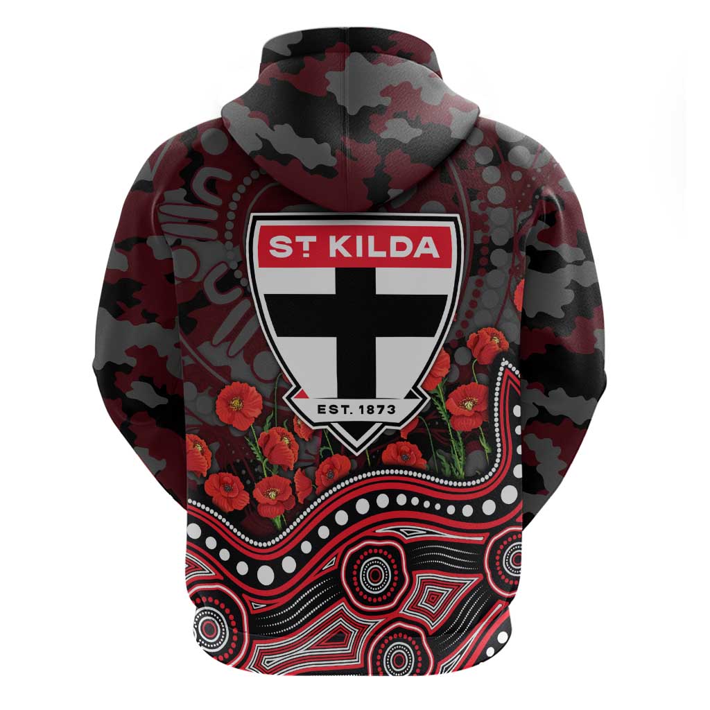 St Kilda Saints ANZAC Day Hoodie Indigenous Dot Art with Poppy Flower Tribute