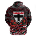 St Kilda Saints ANZAC Day Hoodie Indigenous Dot Art with Poppy Flower Tribute