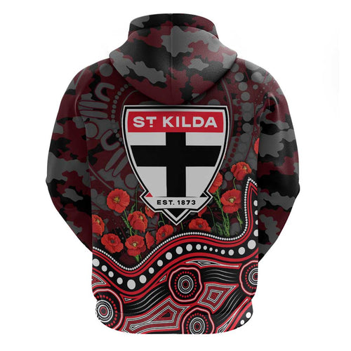 St Kilda Saints ANZAC Day Hoodie Indigenous Dot Art with Poppy Flower Tribute