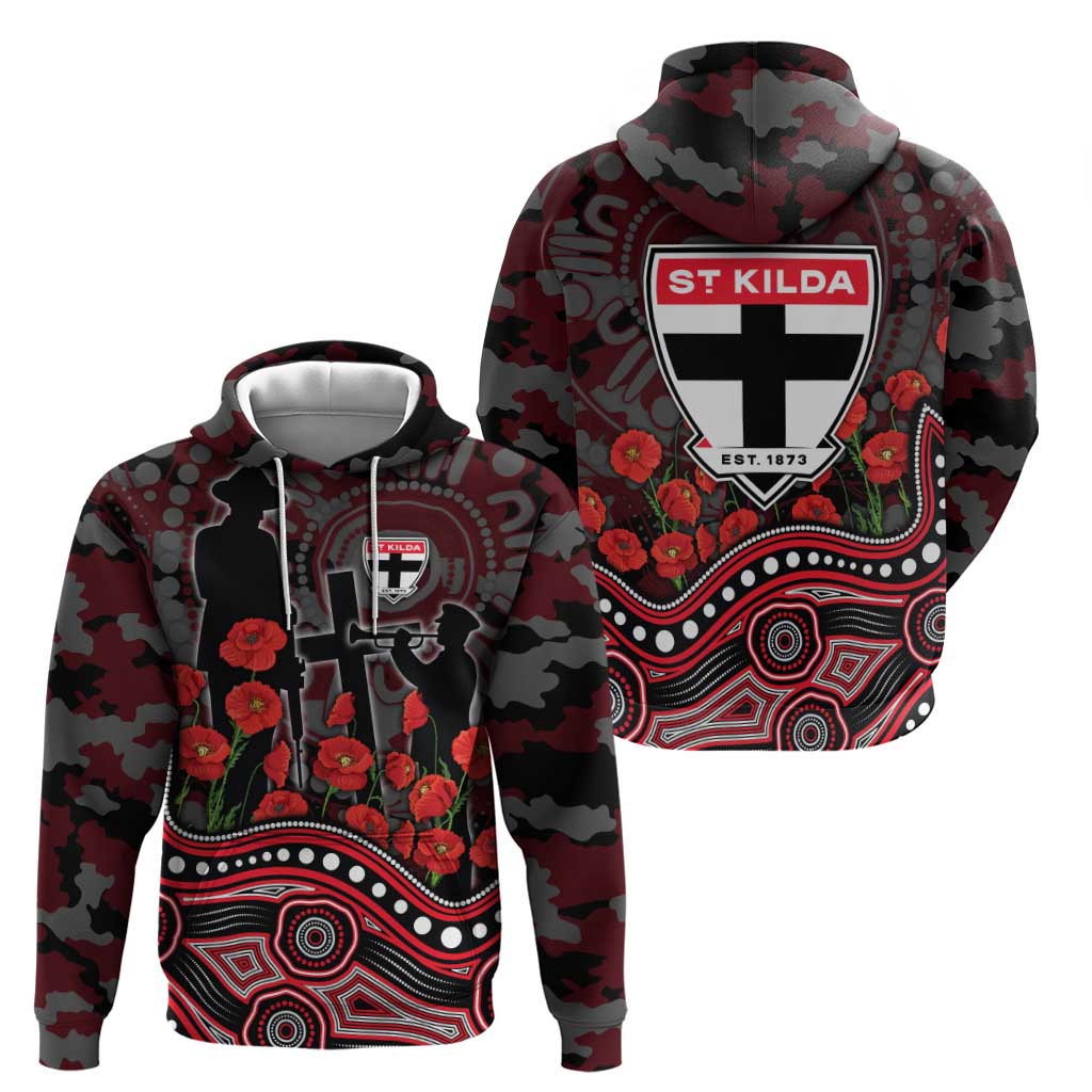 St Kilda Saints ANZAC Day Hoodie Indigenous Dot Art with Poppy Flower Tribute