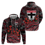 St Kilda Saints ANZAC Day Hoodie Indigenous Dot Art with Poppy Flower Tribute