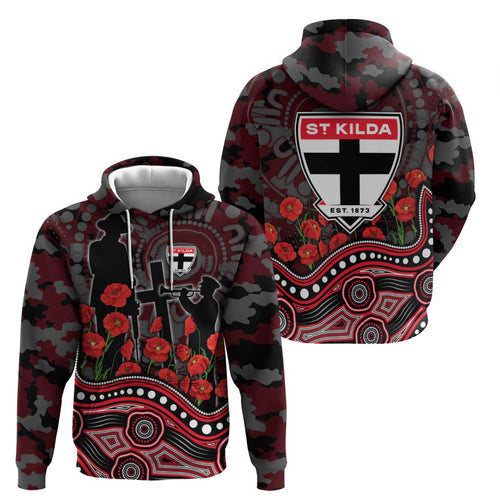 St Kilda Saints ANZAC Day Hoodie Indigenous Dot Art with Poppy Flower Tribute