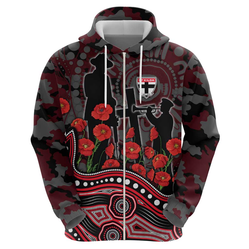 St Kilda Saints ANZAC Day Hoodie Indigenous Dot Art with Poppy Flower Tribute
