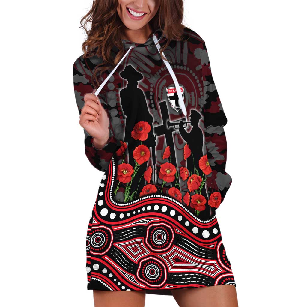 St Kilda Saints ANZAC Day Hoodie Dress Indigenous Dot Art with Poppy Flower Tribute