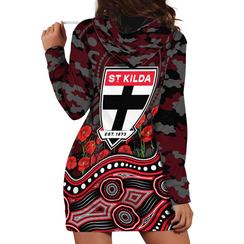 St Kilda Saints ANZAC Day Hoodie Dress Indigenous Dot Art with Poppy Flower Tribute