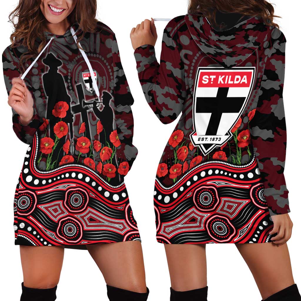 St Kilda Saints ANZAC Day Hoodie Dress Indigenous Dot Art with Poppy Flower Tribute