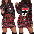 St Kilda Saints ANZAC Day Hoodie Dress Indigenous Dot Art with Poppy Flower Tribute
