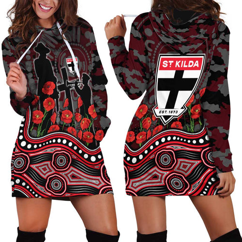 St Kilda Saints ANZAC Day Hoodie Dress Indigenous Dot Art with Poppy Flower Tribute