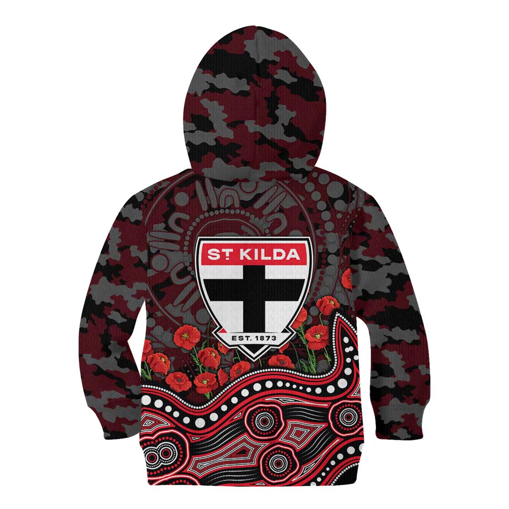 St Kilda Saints ANZAC Day Kid Hoodie Indigenous Dot Art with Poppy Flower Tribute