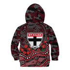 St Kilda Saints ANZAC Day Kid Hoodie Indigenous Dot Art with Poppy Flower Tribute