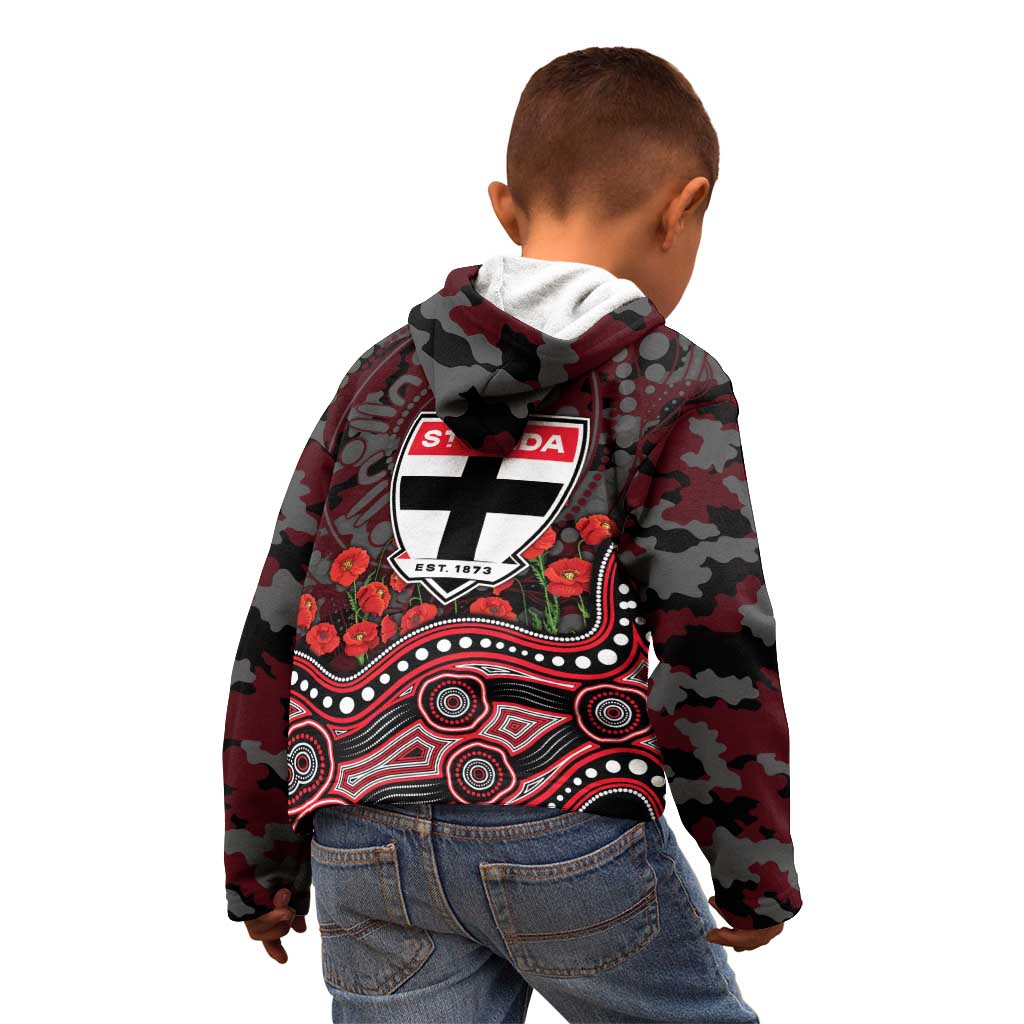 St Kilda Saints ANZAC Day Kid Hoodie Indigenous Dot Art with Poppy Flower Tribute