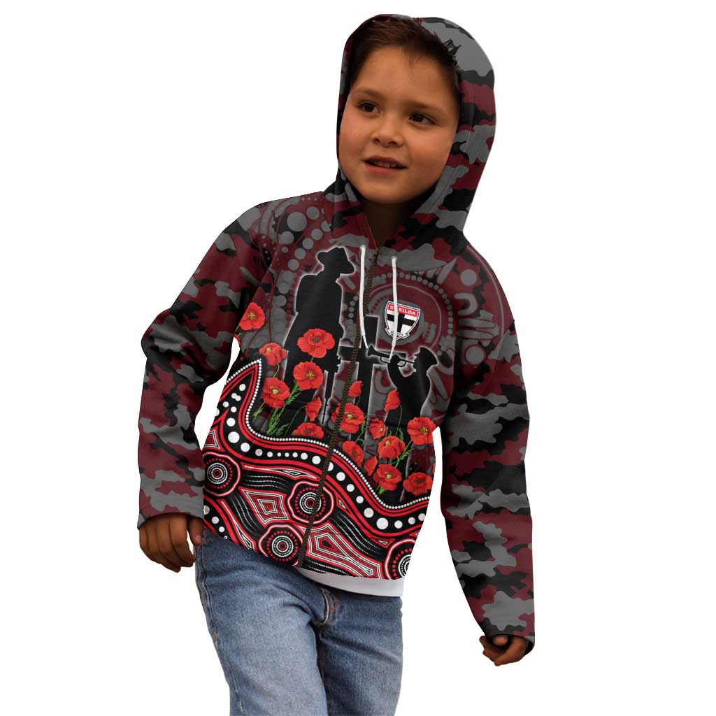 St Kilda Saints ANZAC Day Kid Hoodie Indigenous Dot Art with Poppy Flower Tribute