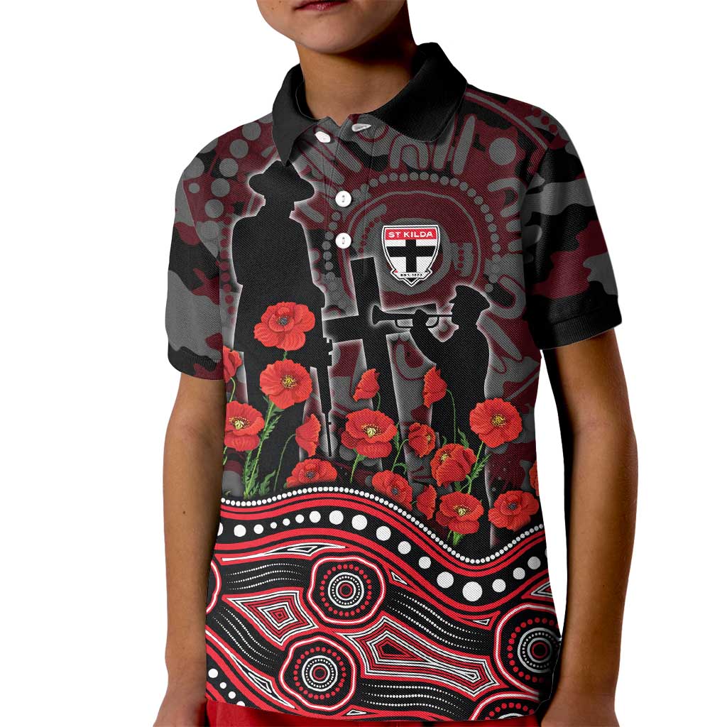 St Kilda Saints ANZAC Day Kid Polo Shirt Indigenous Dot Art with Poppy Flower Tribute