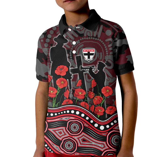 St Kilda Saints ANZAC Day Kid Polo Shirt Indigenous Dot Art with Poppy Flower Tribute