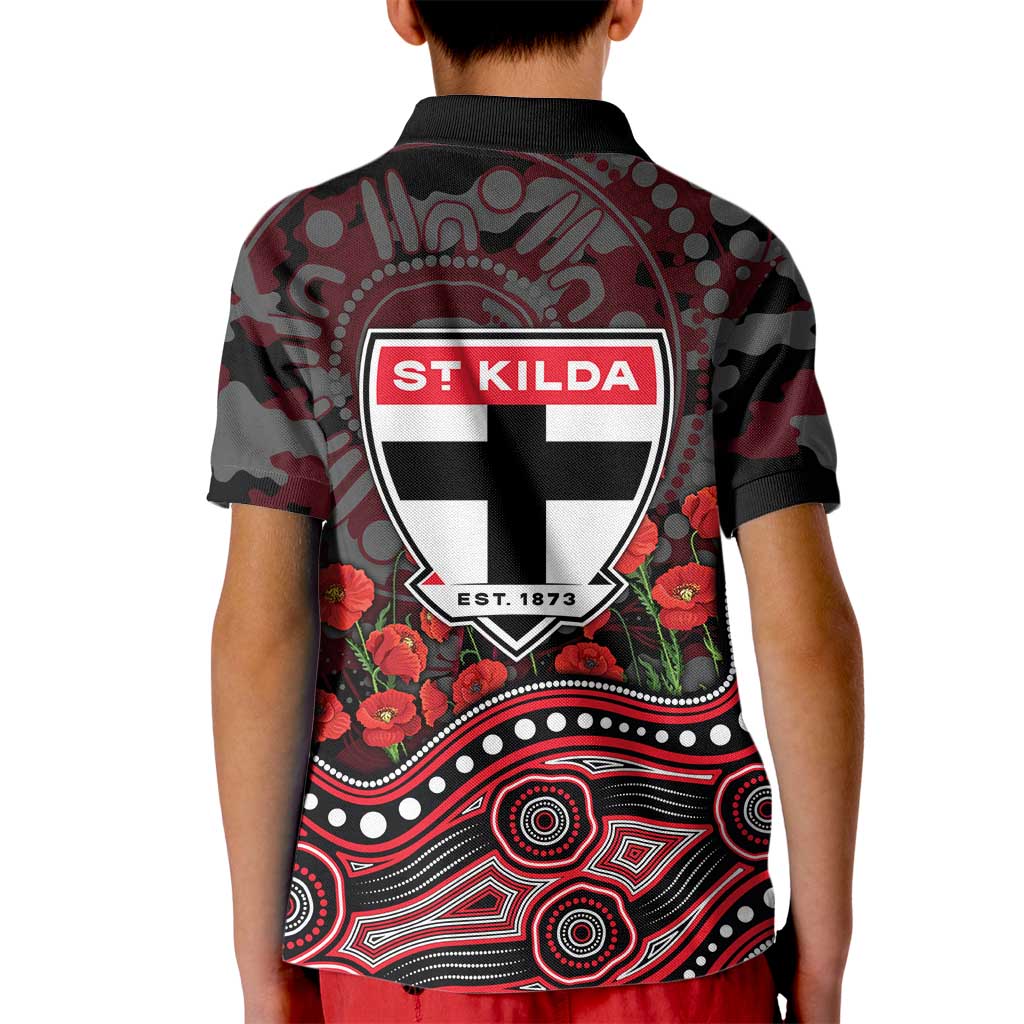 St Kilda Saints ANZAC Day Kid Polo Shirt Indigenous Dot Art with Poppy Flower Tribute