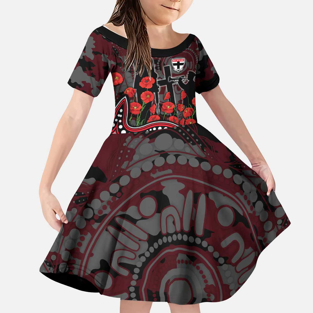 St Kilda Saints ANZAC Day Kid Short Sleeve Dress Indigenous Dot Art with Poppy Flower Tribute