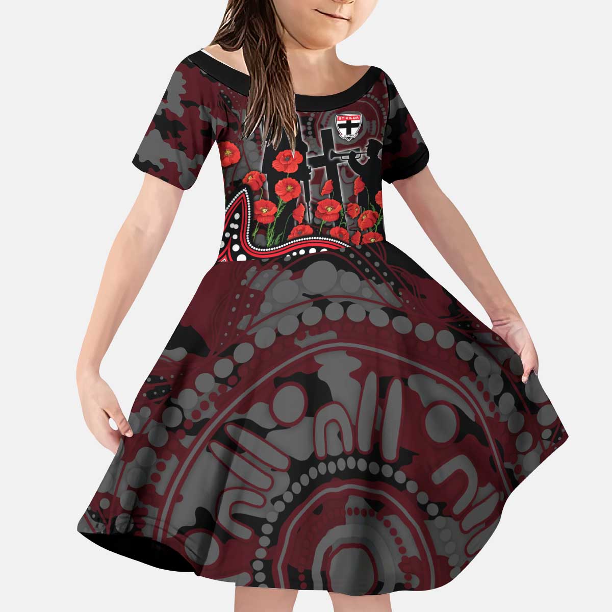 St Kilda Saints ANZAC Day Kid Short Sleeve Dress Indigenous Dot Art with Poppy Flower Tribute
