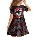St Kilda Saints ANZAC Day Kid Short Sleeve Dress Indigenous Dot Art with Poppy Flower Tribute