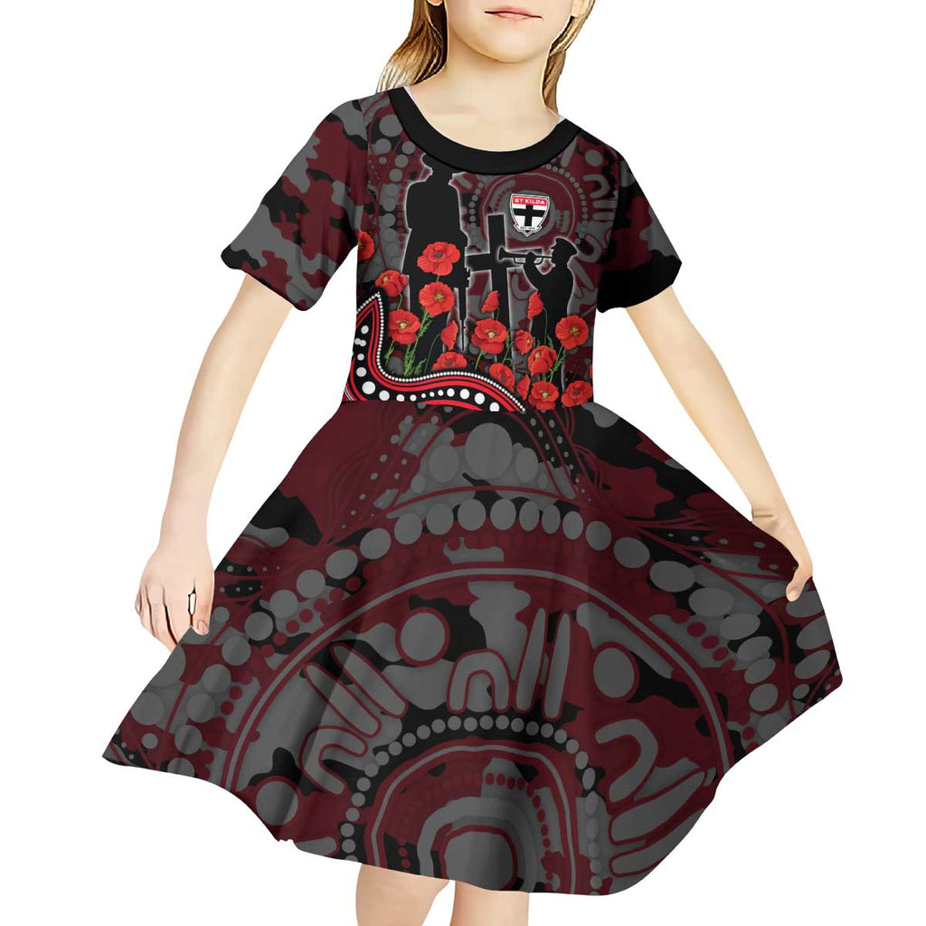 St Kilda Saints ANZAC Day Kid Short Sleeve Dress Indigenous Dot Art with Poppy Flower Tribute