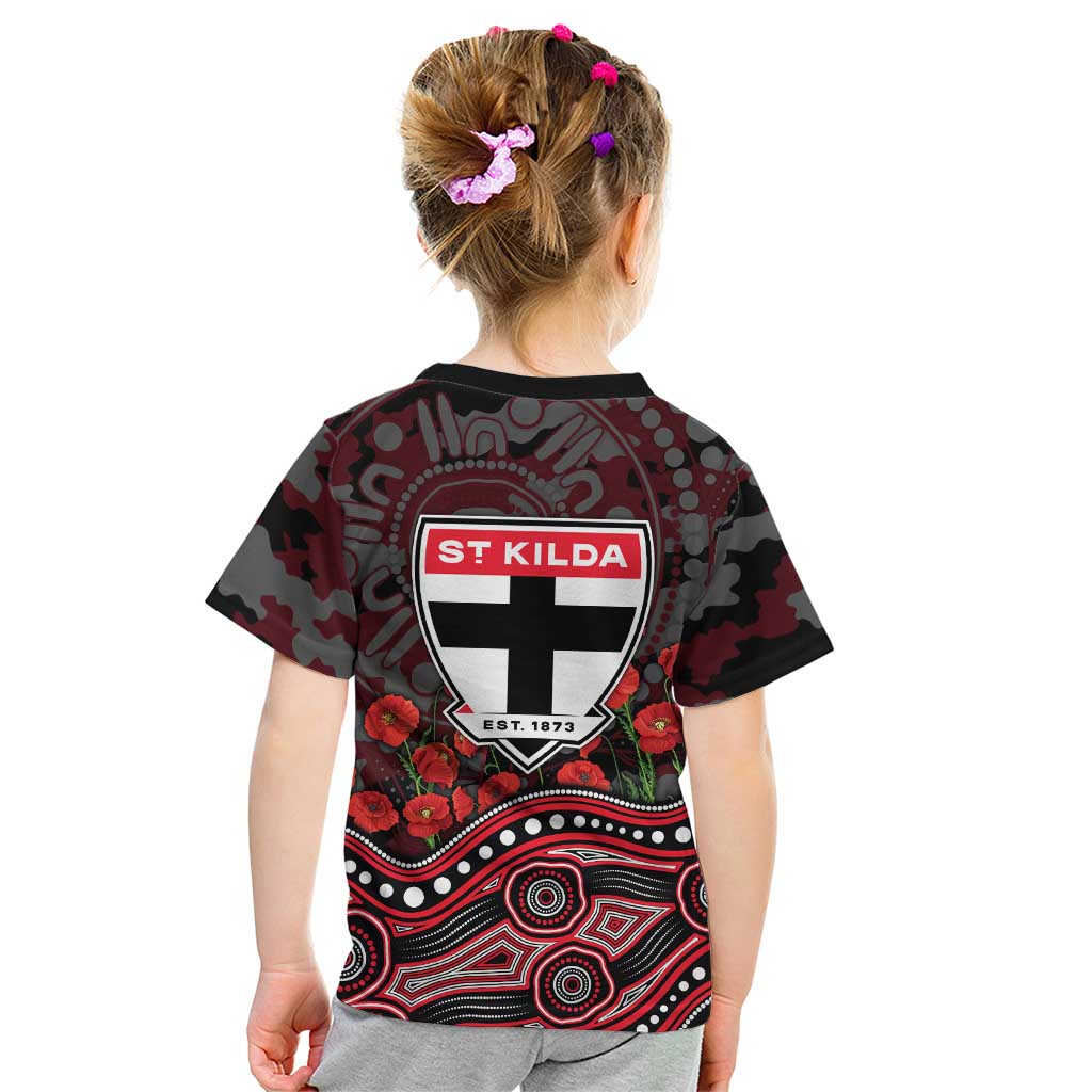 St Kilda Saints ANZAC Day Kid T Shirt Indigenous Dot Art with Poppy Flower Tribute