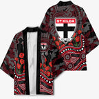 St Kilda Saints ANZAC Day Kimono Indigenous Dot Art with Poppy Flower Tribute