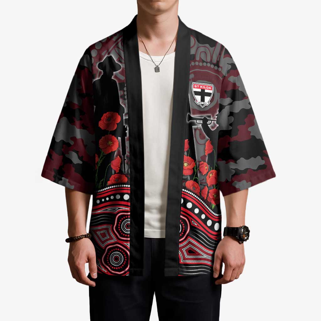 St Kilda Saints ANZAC Day Kimono Indigenous Dot Art with Poppy Flower Tribute