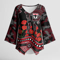 St Kilda Saints ANZAC Day Kimono Sleeve Blouse Indigenous Dot Art with Poppy Flower Tribute