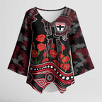 St Kilda Saints ANZAC Day Kimono Sleeve Blouse Indigenous Dot Art with Poppy Flower Tribute