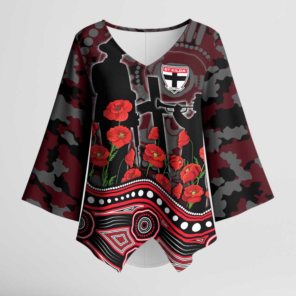 St Kilda Saints ANZAC Day Kimono Sleeve Blouse Indigenous Dot Art with Poppy Flower Tribute
