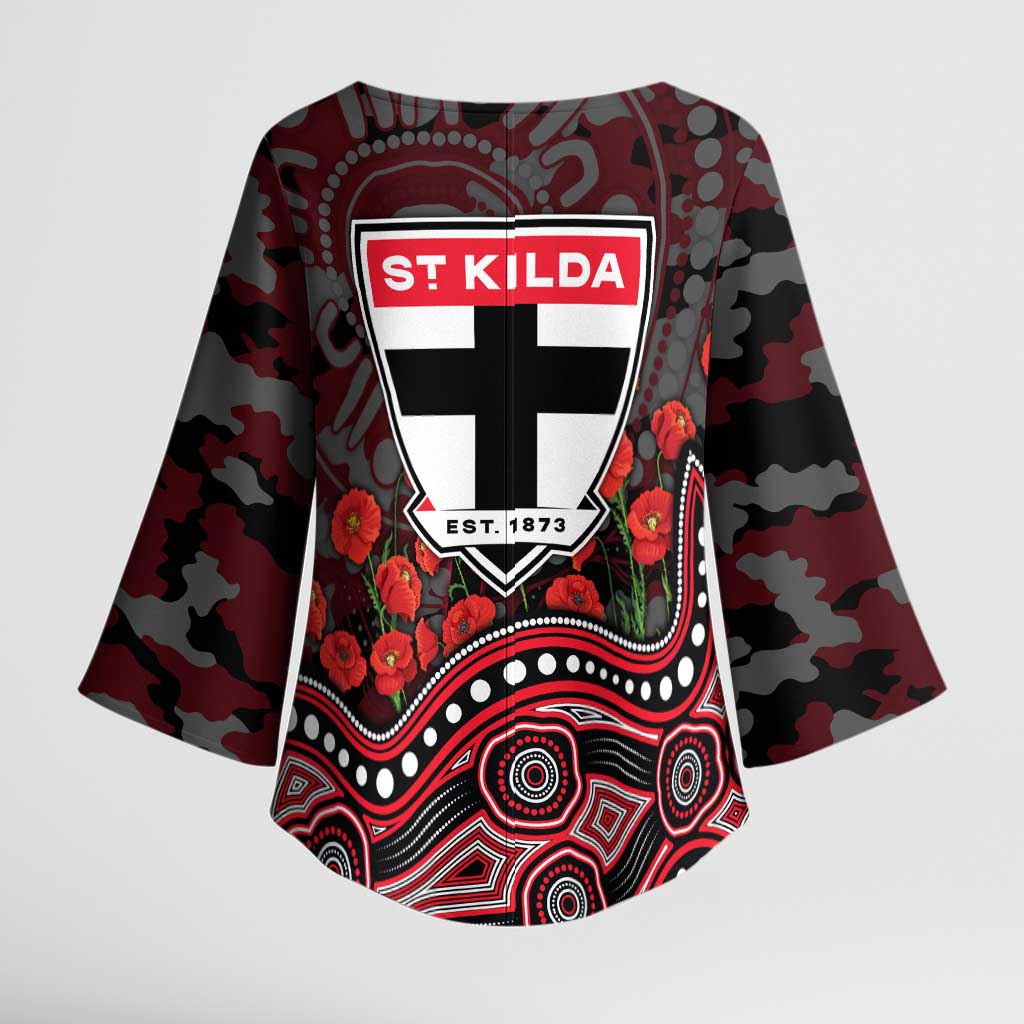 St Kilda Saints ANZAC Day Kimono Sleeve Blouse Indigenous Dot Art with Poppy Flower Tribute
