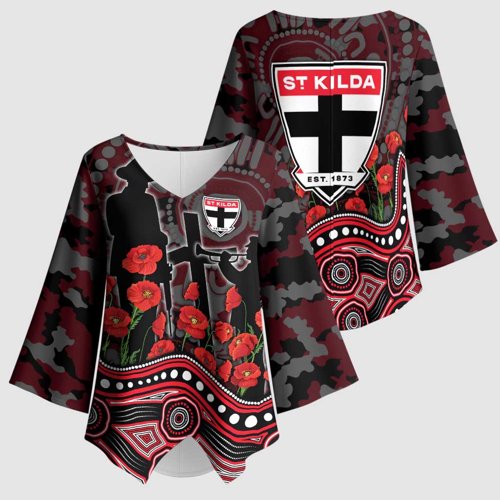 St Kilda Saints ANZAC Day Kimono Sleeve Blouse Indigenous Dot Art with Poppy Flower Tribute