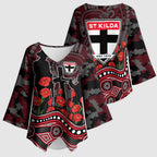 St Kilda Saints ANZAC Day Kimono Sleeve Blouse Indigenous Dot Art with Poppy Flower Tribute