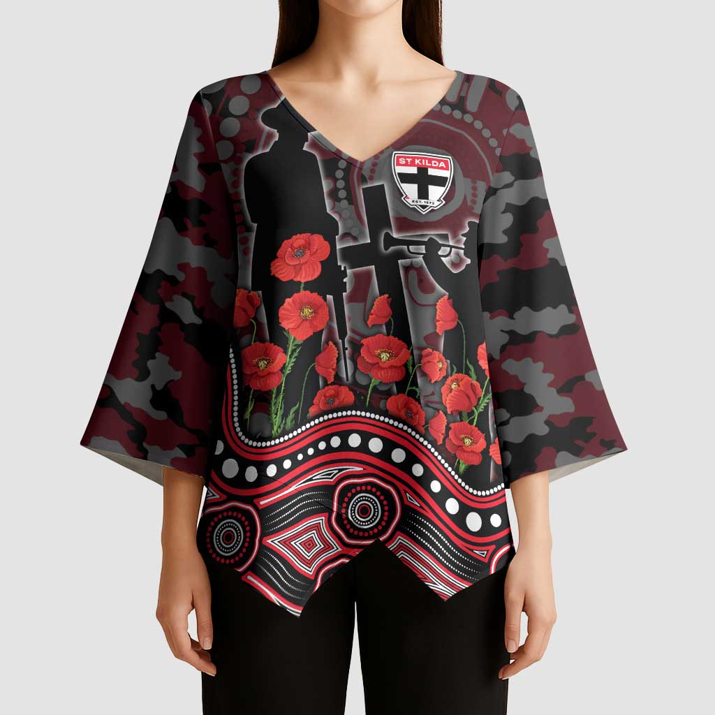 St Kilda Saints ANZAC Day Kimono Sleeve Blouse Indigenous Dot Art with Poppy Flower Tribute