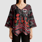 St Kilda Saints ANZAC Day Kimono Sleeve Blouse Indigenous Dot Art with Poppy Flower Tribute