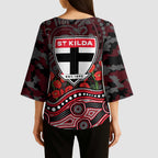 St Kilda Saints ANZAC Day Kimono Sleeve Blouse Indigenous Dot Art with Poppy Flower Tribute