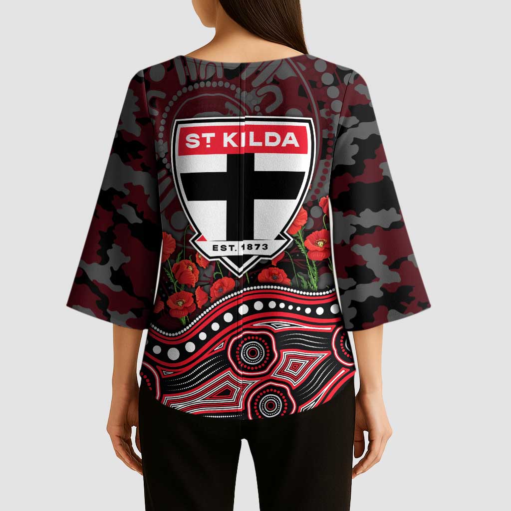 St Kilda Saints ANZAC Day Kimono Sleeve Blouse Indigenous Dot Art with Poppy Flower Tribute