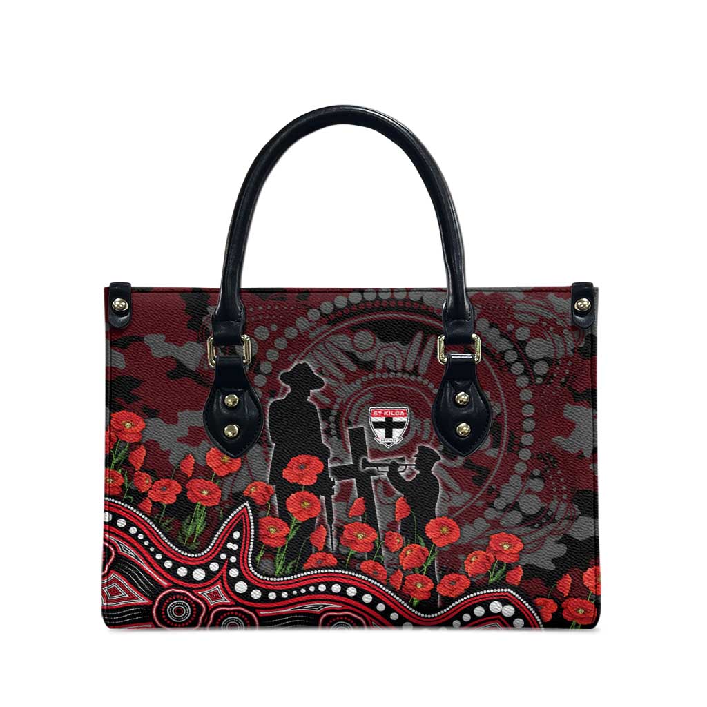St Kilda Saints ANZAC Day Leather Bag Indigenous Dot Art with Poppy Flower Tribute