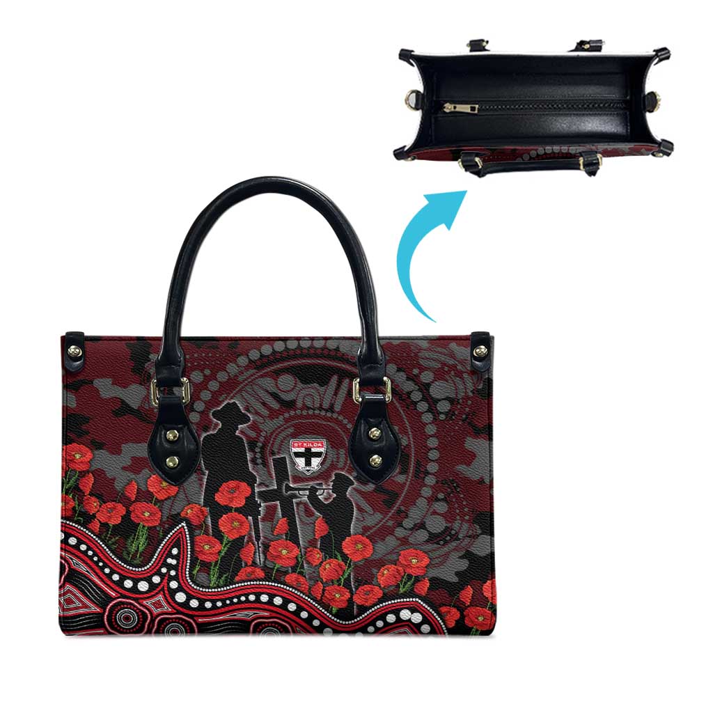 St Kilda Saints ANZAC Day Leather Bag Indigenous Dot Art with Poppy Flower Tribute