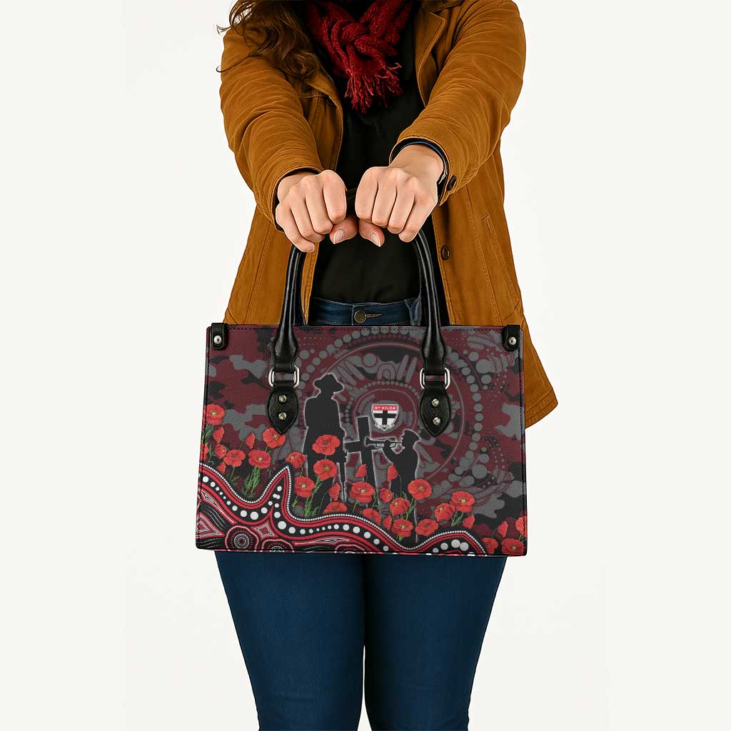 St Kilda Saints ANZAC Day Leather Bag Indigenous Dot Art with Poppy Flower Tribute