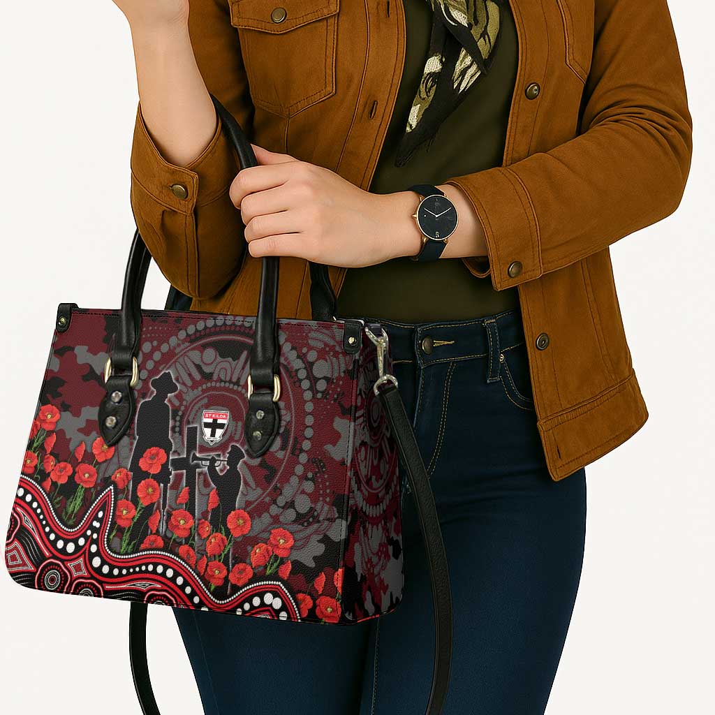 St Kilda Saints ANZAC Day Leather Bag Indigenous Dot Art with Poppy Flower Tribute