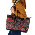 St Kilda Saints ANZAC Day Leather Tote Bag Indigenous Dot Art with Poppy Flower Tribute