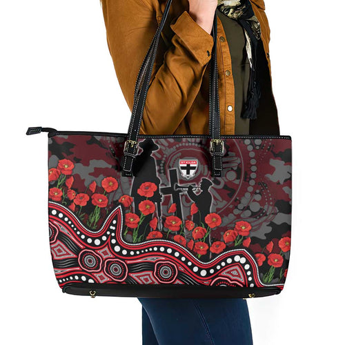 St Kilda Saints ANZAC Day Leather Tote Bag Indigenous Dot Art with Poppy Flower Tribute