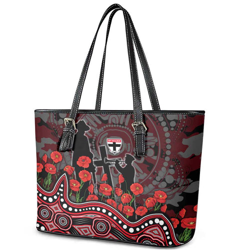 St Kilda Saints ANZAC Day Leather Tote Bag Indigenous Dot Art with Poppy Flower Tribute