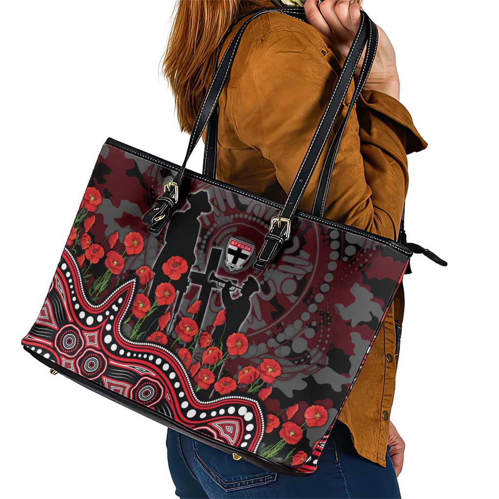 St Kilda Saints ANZAC Day Leather Tote Bag Indigenous Dot Art with Poppy Flower Tribute
