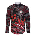 St Kilda Saints ANZAC Day Long Sleeve Button Shirt Indigenous Dot Art with Poppy Flower Tribute