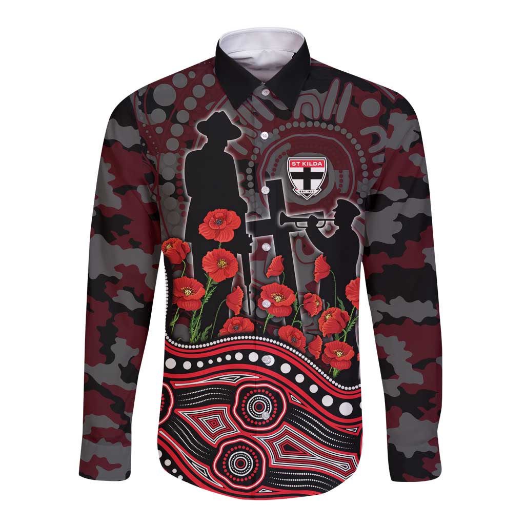 St Kilda Saints ANZAC Day Long Sleeve Button Shirt Indigenous Dot Art with Poppy Flower Tribute