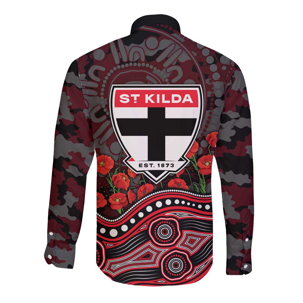 St Kilda Saints ANZAC Day Long Sleeve Button Shirt Indigenous Dot Art with Poppy Flower Tribute