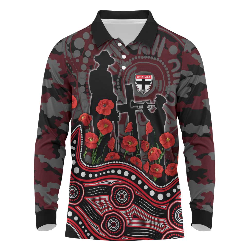 St Kilda Saints ANZAC Day Long Sleeve Polo Shirt Indigenous Dot Art with Poppy Flower Tribute